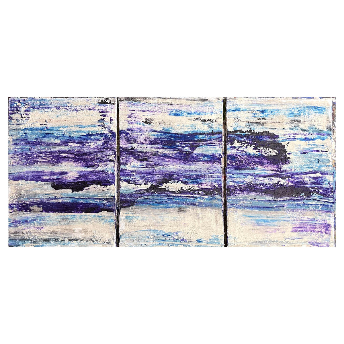 Trittico "Ocean" di Mattia Paoli, dipinto su tela grezza riciclata, onde blu scuro e linee bianche materiche, 70x150 cm