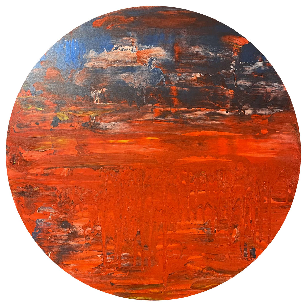 Dipinto tondo "Winter Sunset" di Mattia Paoli, tela, rosso e blu scuro con pennellate bianche, diametro 90 cm