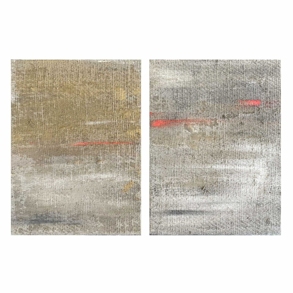 Dittico "Rose e Cemento II" di Mattia Paoli, tela grezza, strisce grigie con pennellata rossa continua, mixed media, 60x80 cm