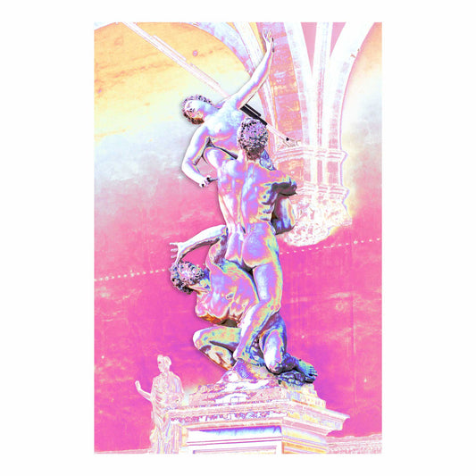 Fotografia digitale "Ratto delle Sabine" di Mattia Paoli, reinterpretazione della scultura di Giambologna in rosa iridescente, stampa su tela 150x100 cm