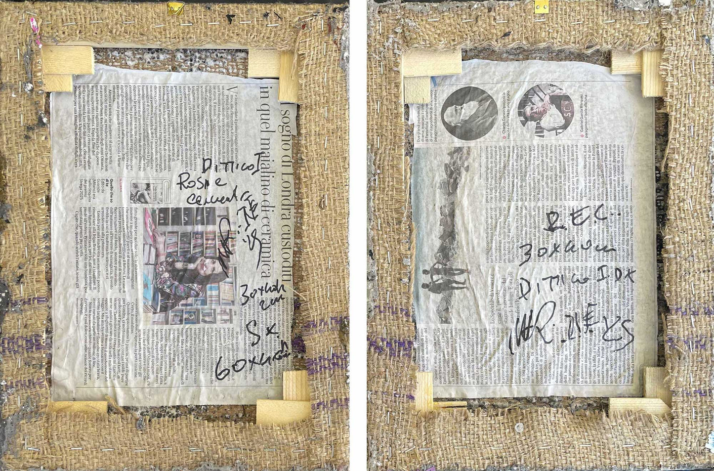 Dettaglio ravvicinato del dittico "Rose e Cemento II" di Mattia Paoli
