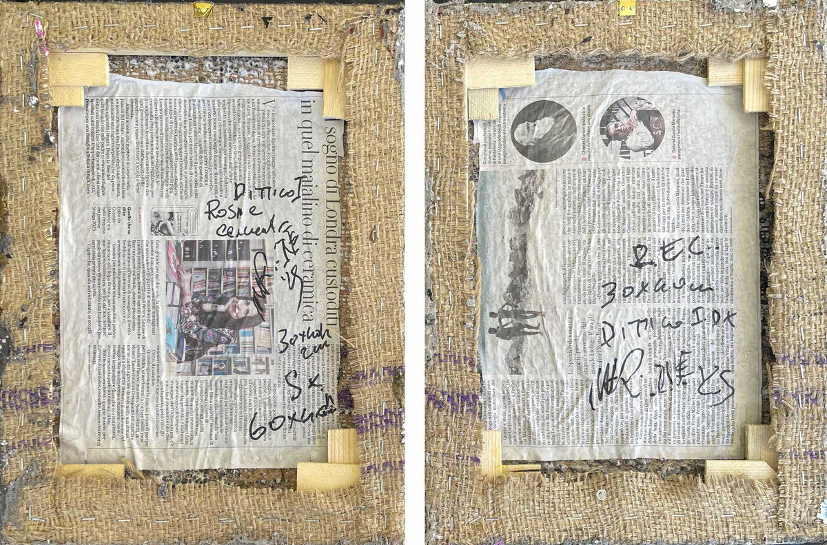Dettaglio ravvicinato del dittico "Rose e Cemento II" di Mattia Paoli