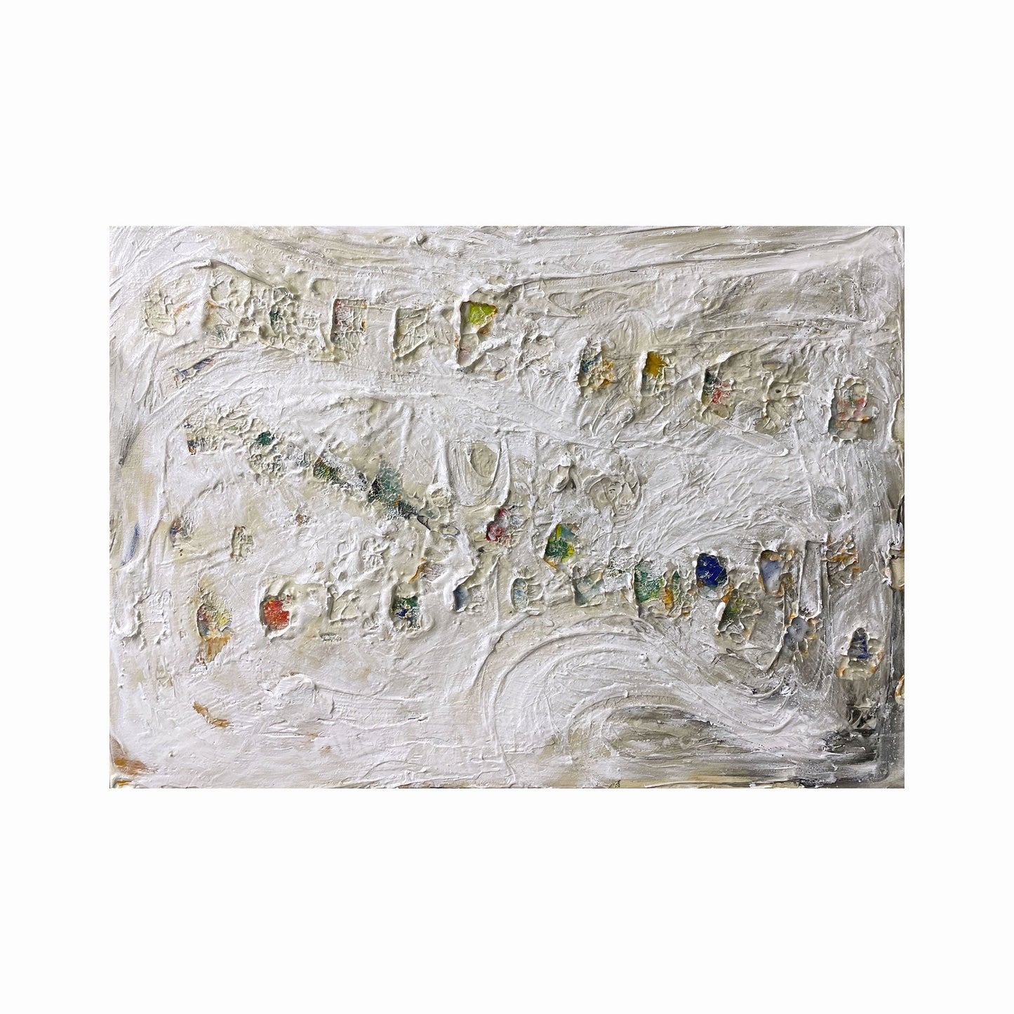 Dipinto "WH#44 Aprile" di Mattia Paoli, tela, superficie bianca con traccia dorata di pneumatico, mixed media, 70x50 cm
