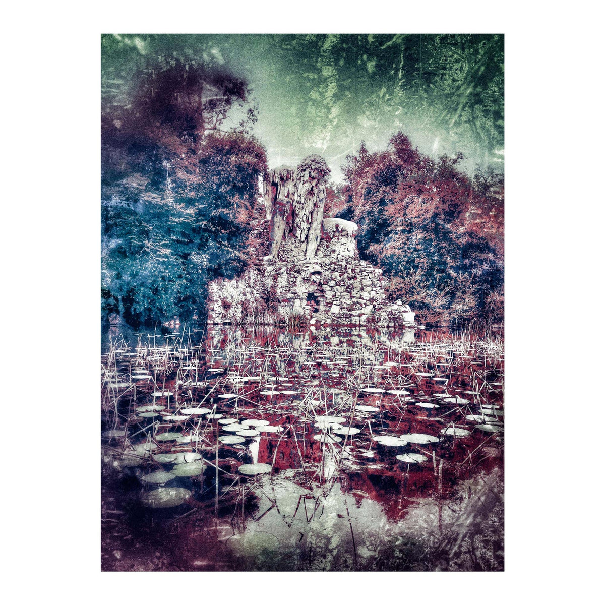 Fotografia digitale "The Giant" di Mattia Paoli, statua dell'Appennino di Villa Demidoff, effetto astratto verde e rosso, stampa su tela 150x100 cm