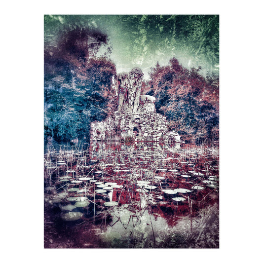 Fotografia digitale "The Giant" di Mattia Paoli, statua dell'Appennino di Villa Demidoff, effetto astratto verde e rosso, stampa su tela 150x100 cm