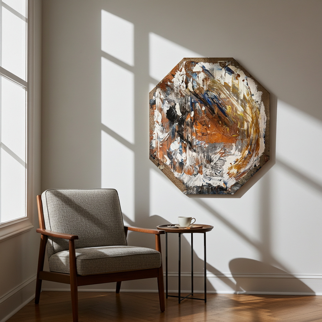 Vista ambientata del dipinto "Tramonto di bronzo" di Mattia Paoli, NOJ Culture Gallery