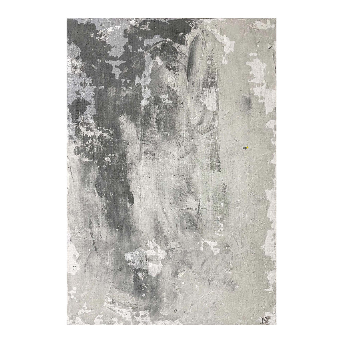 Dipinto "Cemento II" di Mattia Paoli, tela grezza riciclata, sfumature di grigio con tocco di giallo, 100x70 cm