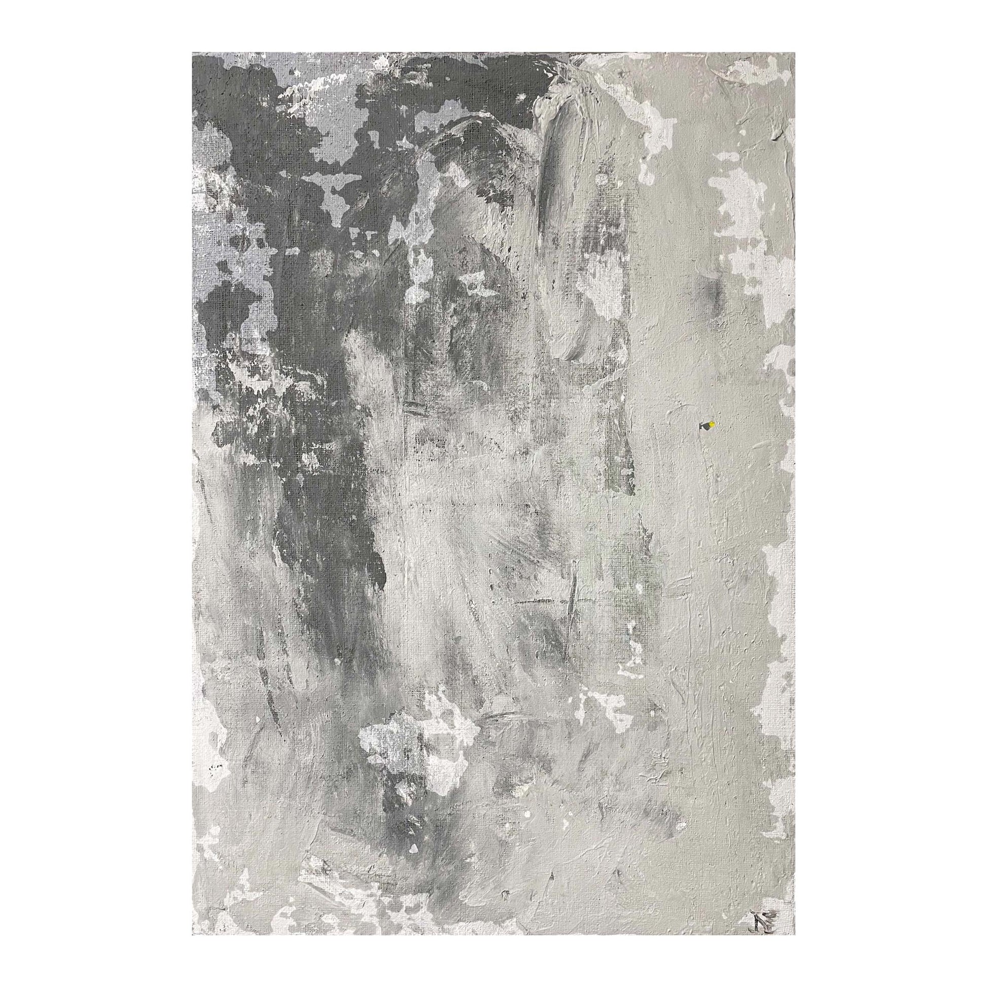 Dipinto "Cemento II" di Mattia Paoli, tela grezza riciclata, sfumature di grigio con tocco di giallo, 100x70 cm