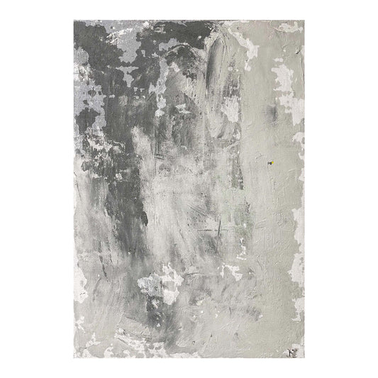 Dipinto "Cemento II" di Mattia Paoli, tela grezza riciclata, sfumature di grigio con tocco di giallo, 100x70 cm