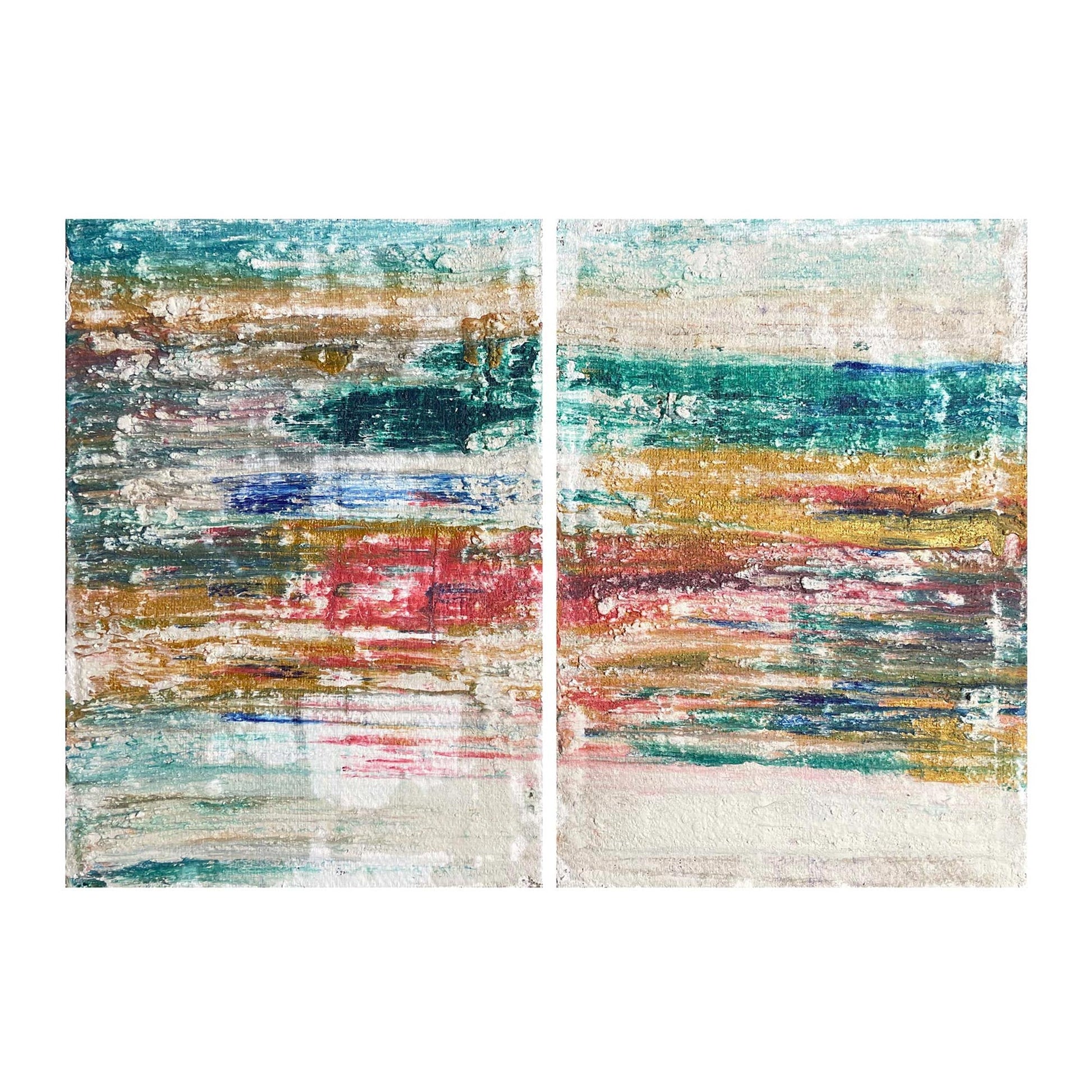 Dittico "Sunrise" di Mattia Paoli, dipinto astratto su tela grezza riciclata, bianco con tocchi di rosso blu oro e verde, 70x100 cm