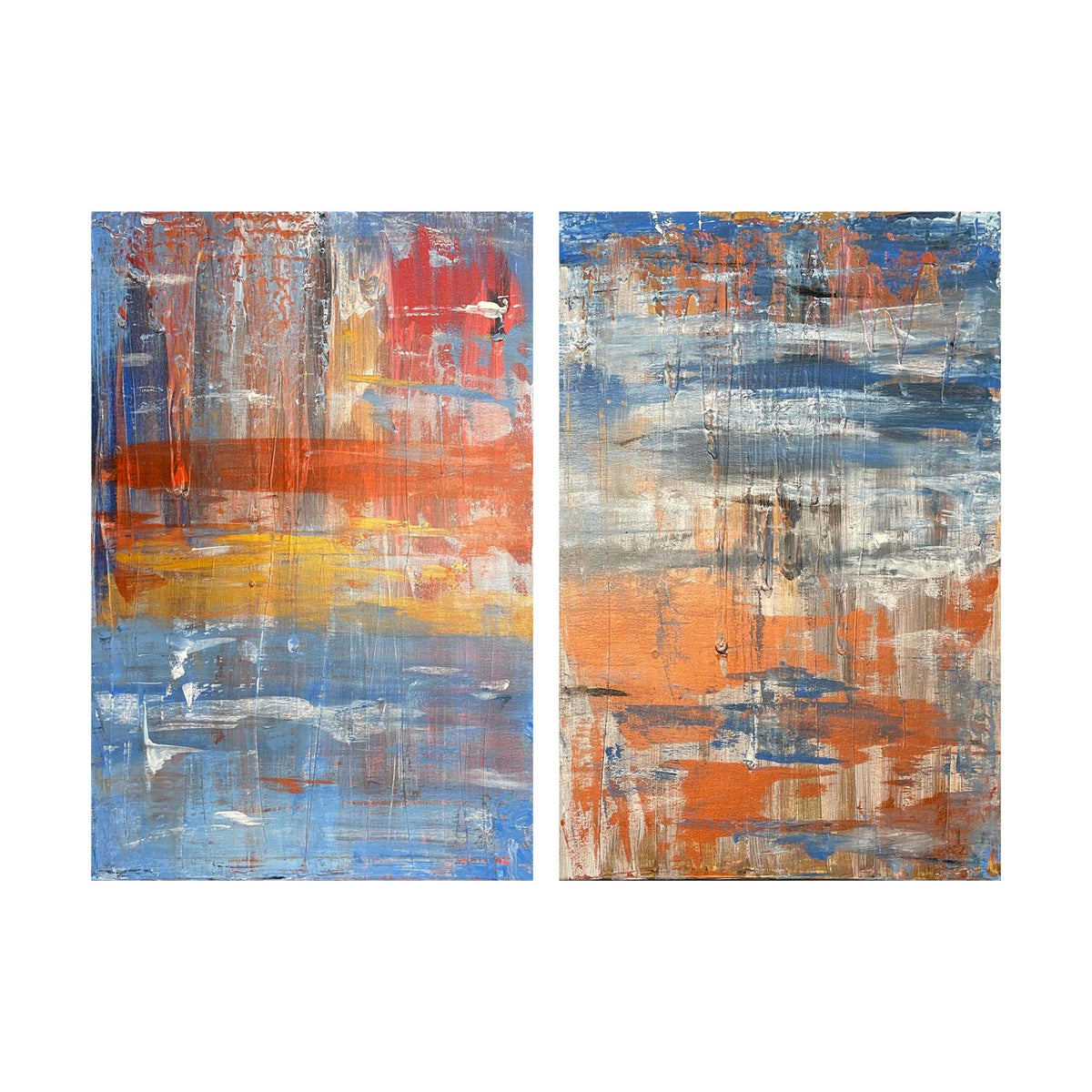 Dittico "Bronze Waterfalls" di Mattia Paoli, dipinto acrilico su tela, gocce color bronzo con rosso e blu, 90x130 cm