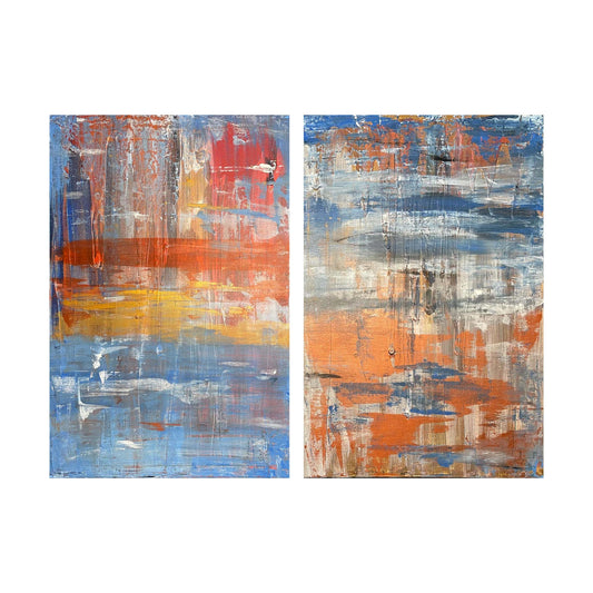 Dittico "Bronze Waterfalls" di Mattia Paoli, dipinto acrilico su tela, gocce color bronzo con rosso e blu, 90x130 cm