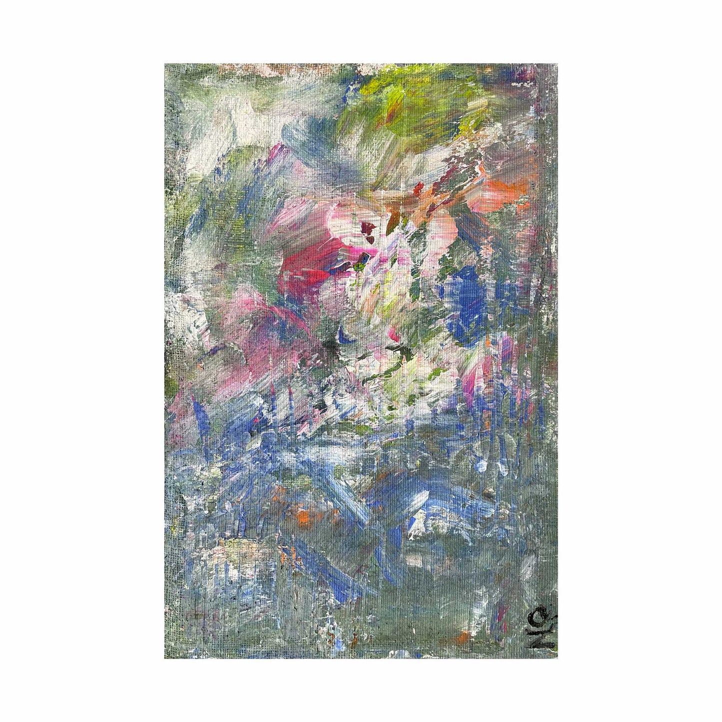 Dipinto astratto "AB#295 Spring" di Mattia Paoli, tela, acrilico fluido rosso verde blu con tocchi bianchi e arancio, 60x40 cm