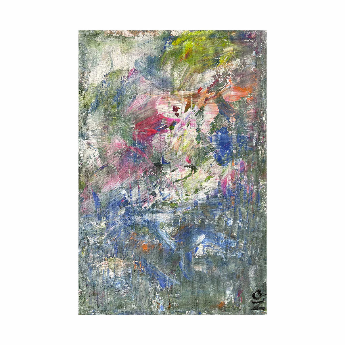 Dipinto astratto "AB#295 Spring" di Mattia Paoli, tela, acrilico fluido rosso verde blu con tocchi bianchi e arancio, 60x40 cm
