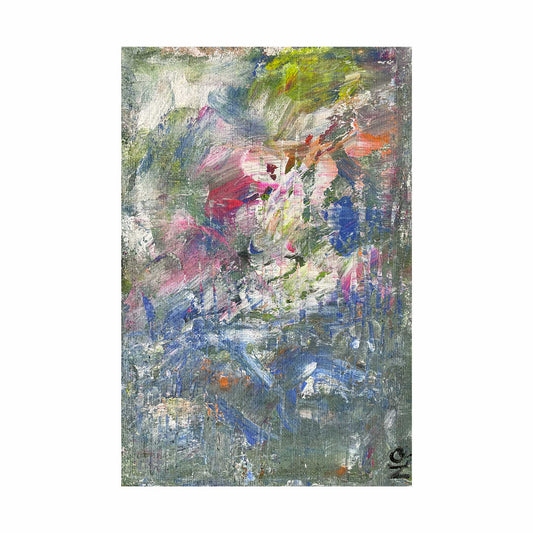 Dipinto astratto "AB#295 Spring" di Mattia Paoli, tela, acrilico fluido rosso verde blu con tocchi bianchi e arancio, 60x40 cm