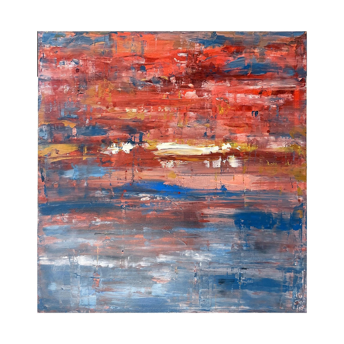 Dipinto "Horizon" di Mattia Paoli, tela, strisce astratte oro bianco blu e rosso, 100x100 cm