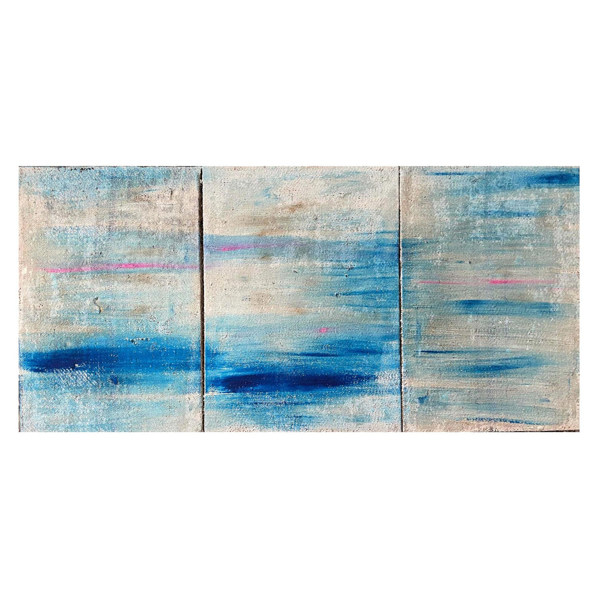 Dipinto "Blue Future" di Mattia Paoli, tela grezza riciclata, orizzonte chiaro con nuvole astratte blu scuro, 70x155 cm