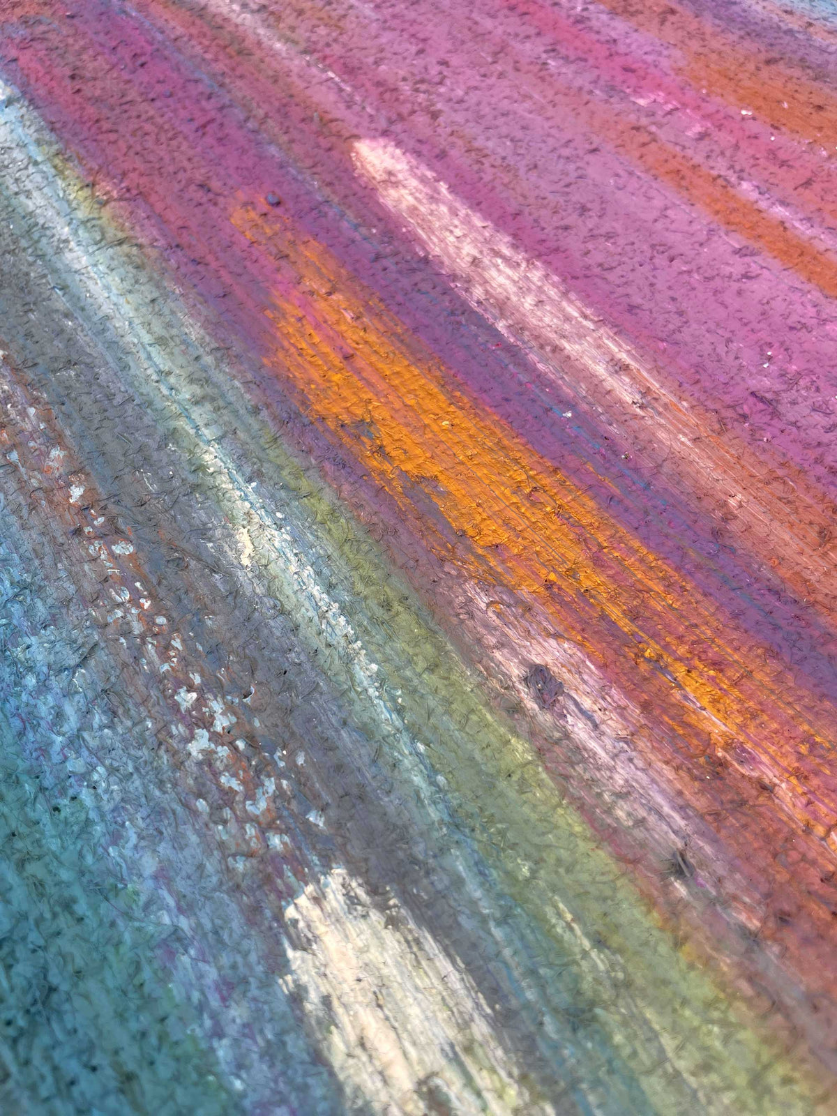 Dettaglio ravvicinato del dipinto "Tramonto di Agosto I" di Mattia Paoli, texture materica