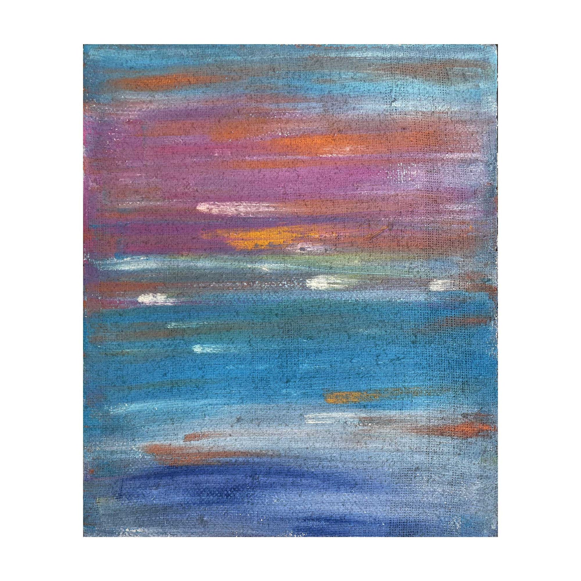 Dipinto "Tramonto di Agosto I" di Mattia Paoli, tela grezza da sacchi di caffe, sfumature rosa viola e blu, tecnica mixed media, 69x59 cm