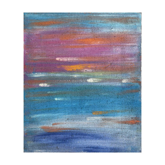 Dipinto "Tramonto di Agosto I" di Mattia Paoli, tela grezza da sacchi di caffe, sfumature rosa viola e blu, tecnica mixed media, 69x59 cm