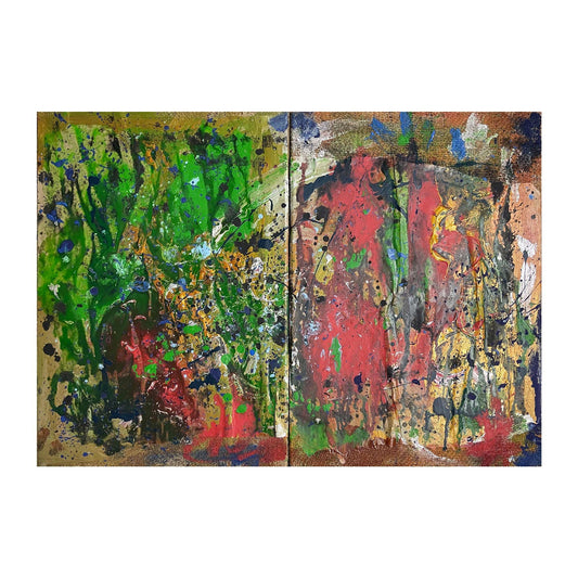 Dipinto astratto "AB#329 Diptych Desert and Nature" di Mattia Paoli, tela grezza riciclata, tecnica acrilico e carta, 70x100 cm