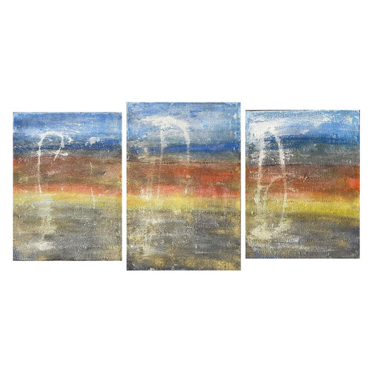 Trittico "New Horizon" di Mattia Paoli, dipinto astratto su tela grezza, oro rosso giallo e blu, 70x180 cm