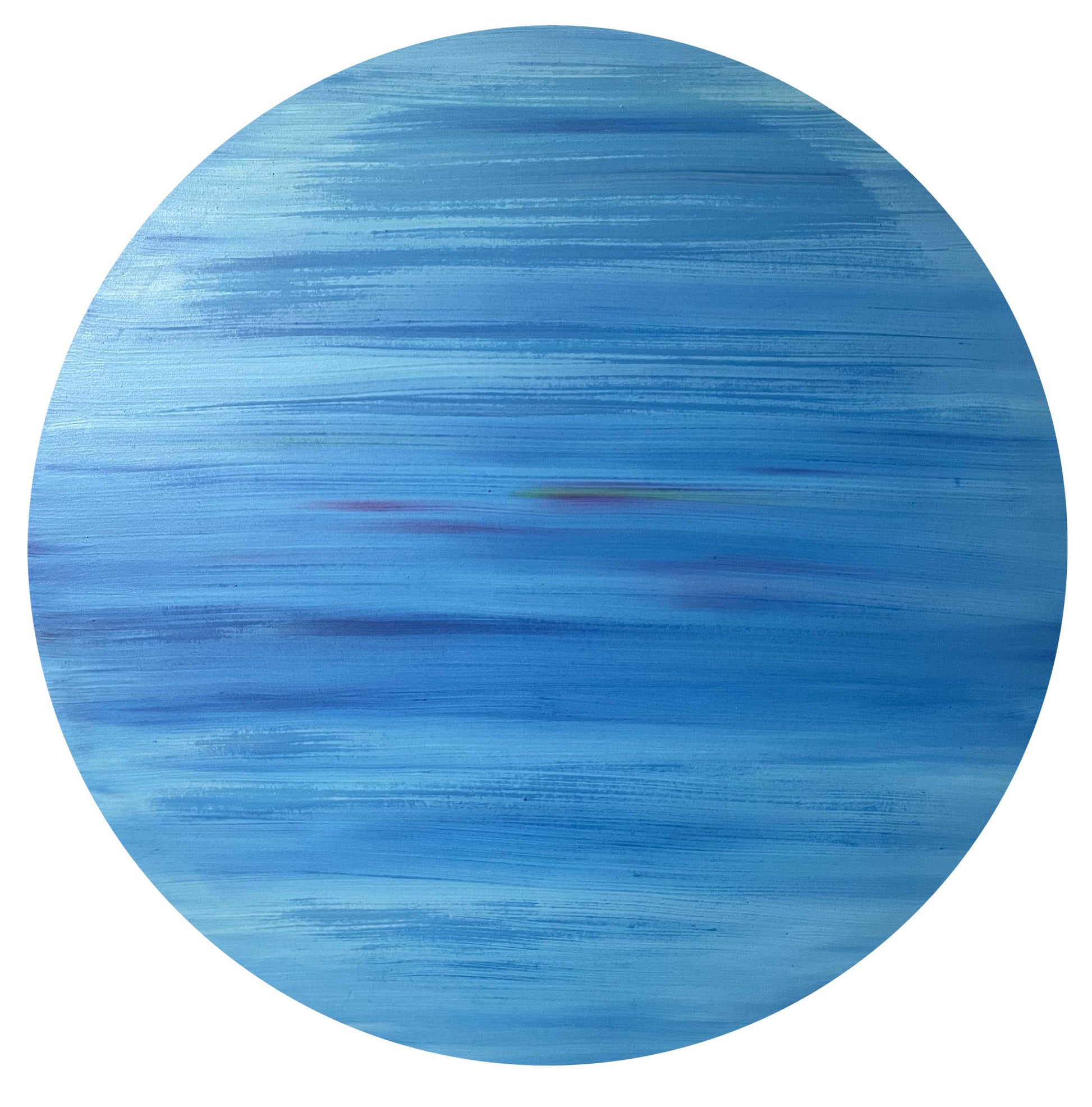 Dipinto tondo "Blue August" di Mattia Paoli, tela, tonalità di blu ispirate al mare di fine estate, diametro 90 cm