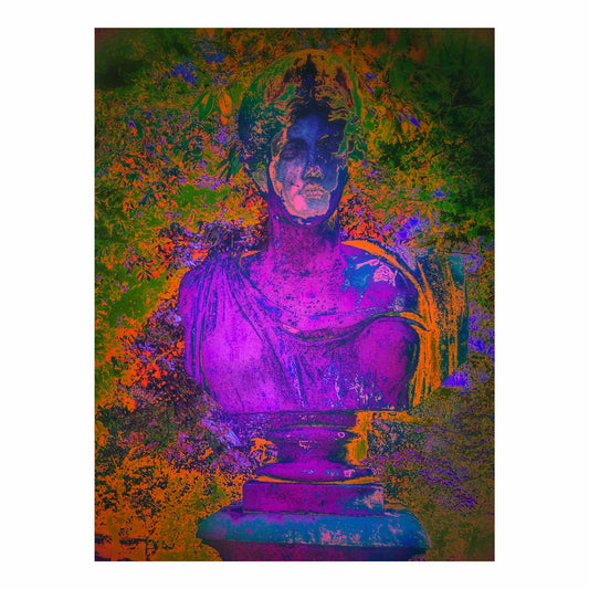 Fotografia digitale "Roman Sculpture II" di Mattia Paoli, busto romano viola tra vegetazione, stampa su tela 150x100 cm