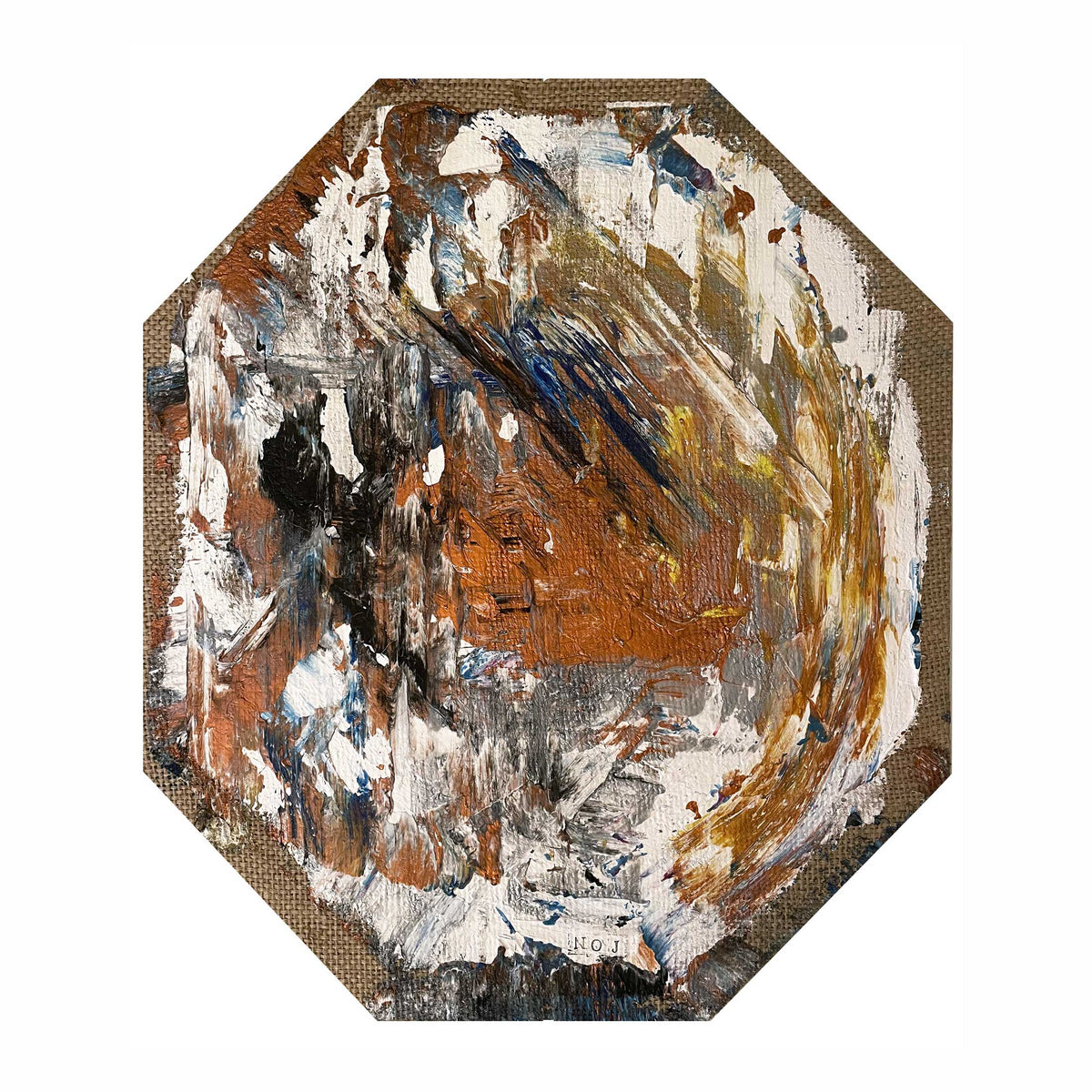 Dipinto "Tramonto di bronzo" di Mattia Paoli, tela grezza esagonale, texture bronzo con riflessi blu e neri, 62x35 cm