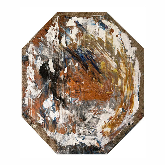 Dipinto "Tramonto di bronzo" di Mattia Paoli, tela grezza esagonale, texture bronzo con riflessi blu e neri, 62x35 cm