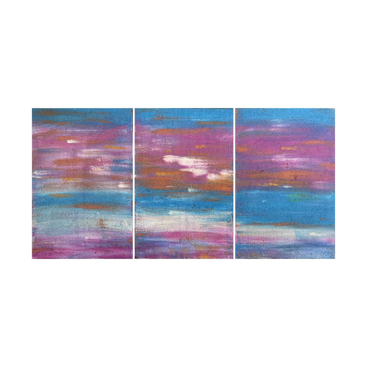 Trittico "Tramonto di Agosto" di Mattia Paoli, tela grezza da sacchi di caffe, rosa viola e blu, mixed media, 150x70 cm
