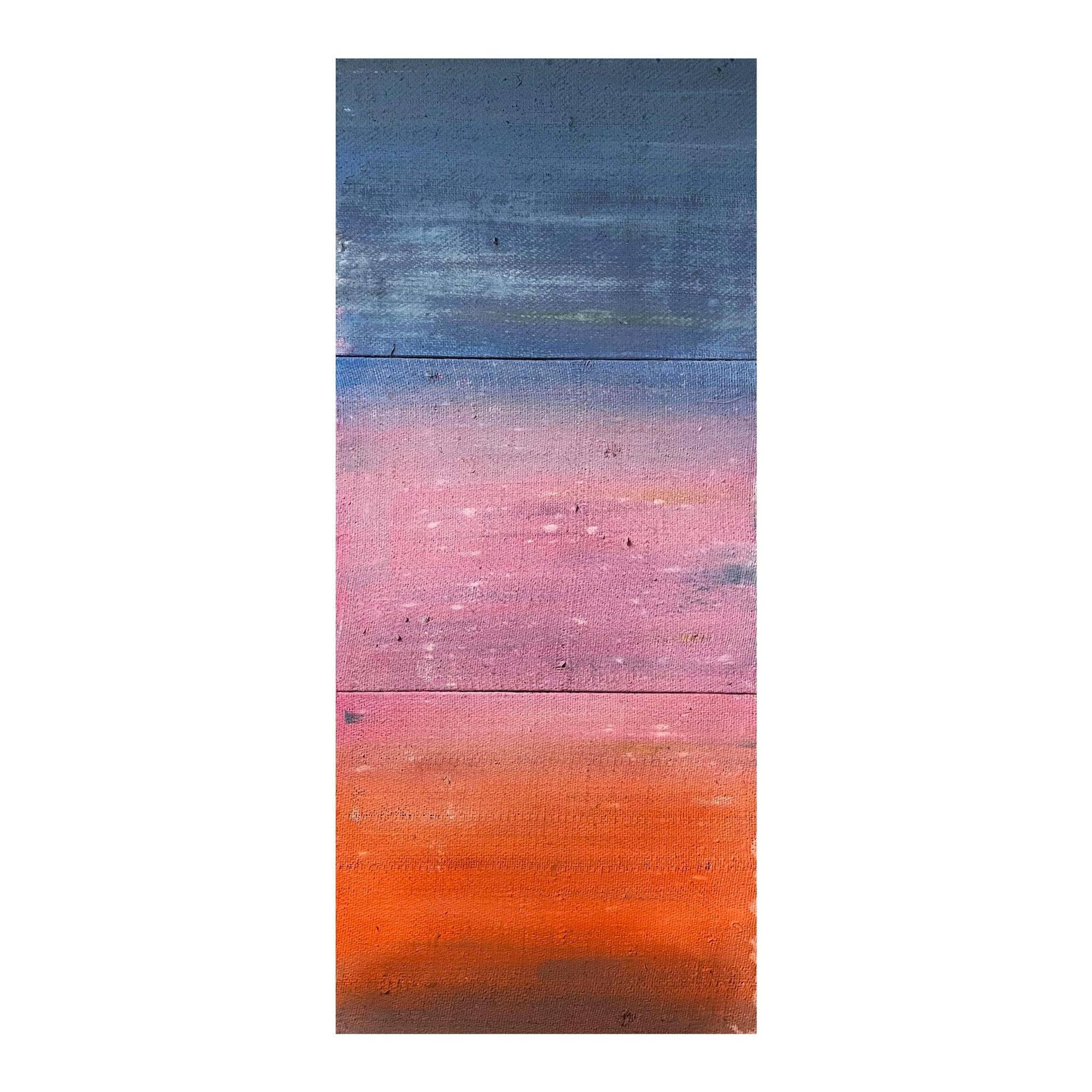 Trittico Tramonto di Mattia Paoli, dipinto astratto verticale su tela grezza, sfumature dal blu al rosso, 155x68 cm