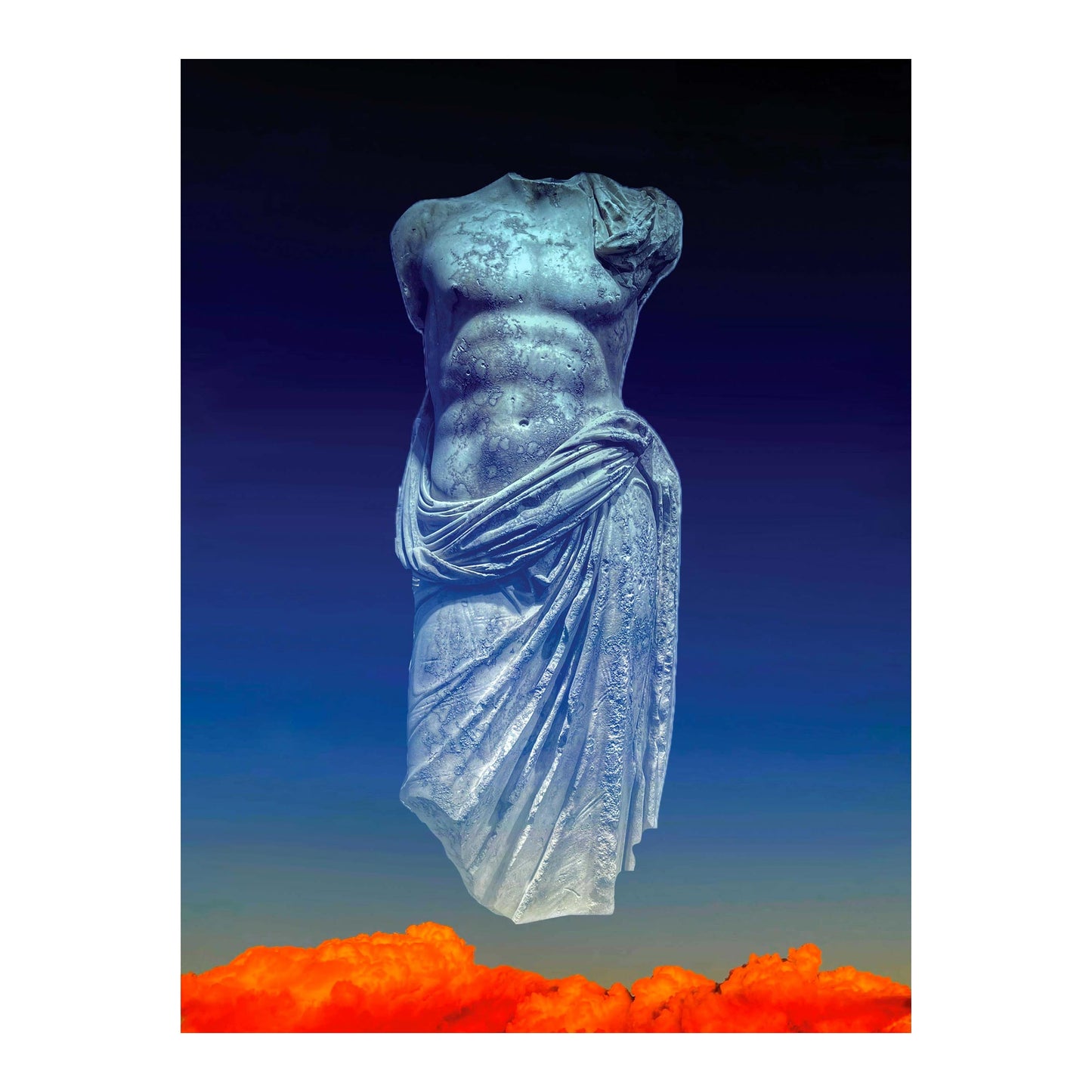 Fotografia digitale "ABC#132 Universe" di Mattia Paoli, busto classico su sfondo blu e arancio, stampa su carta 70x50 cm